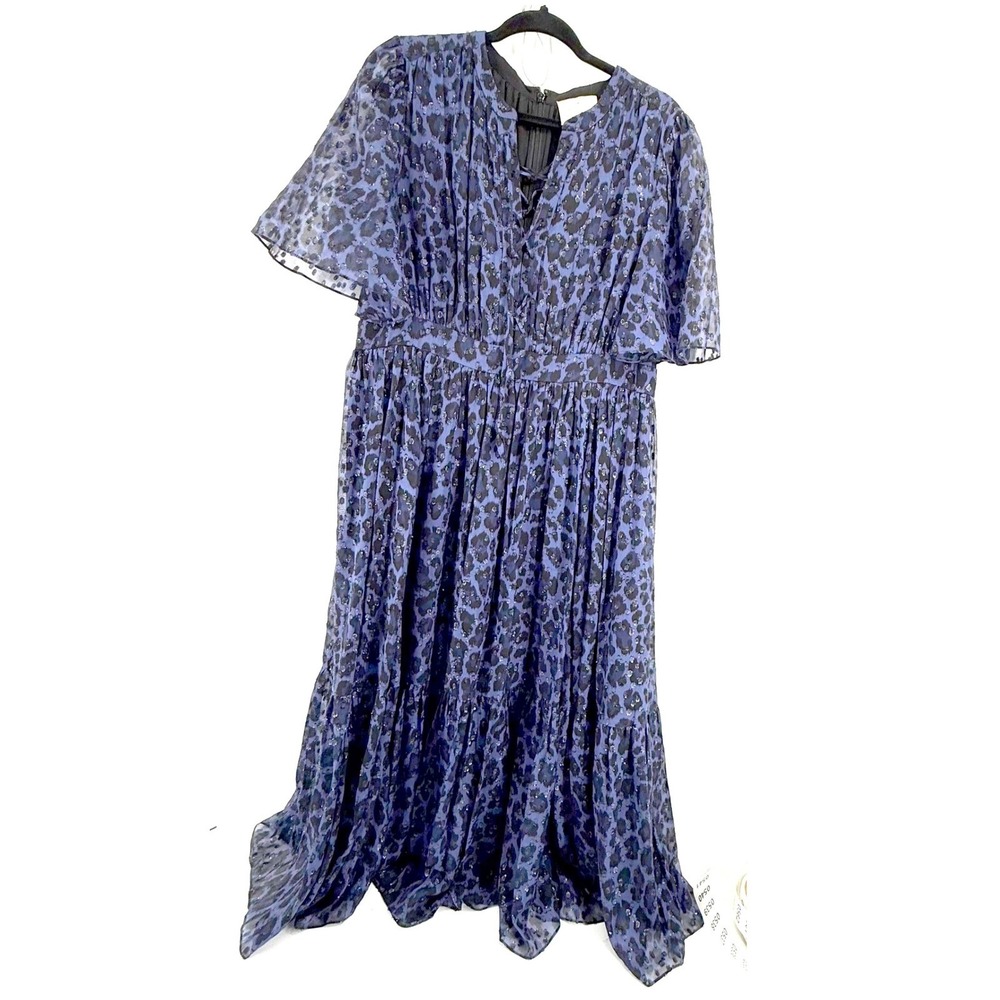 Kate Spade New York Silk Maxi Dress Medium Blue Black Leopard Print Sequins